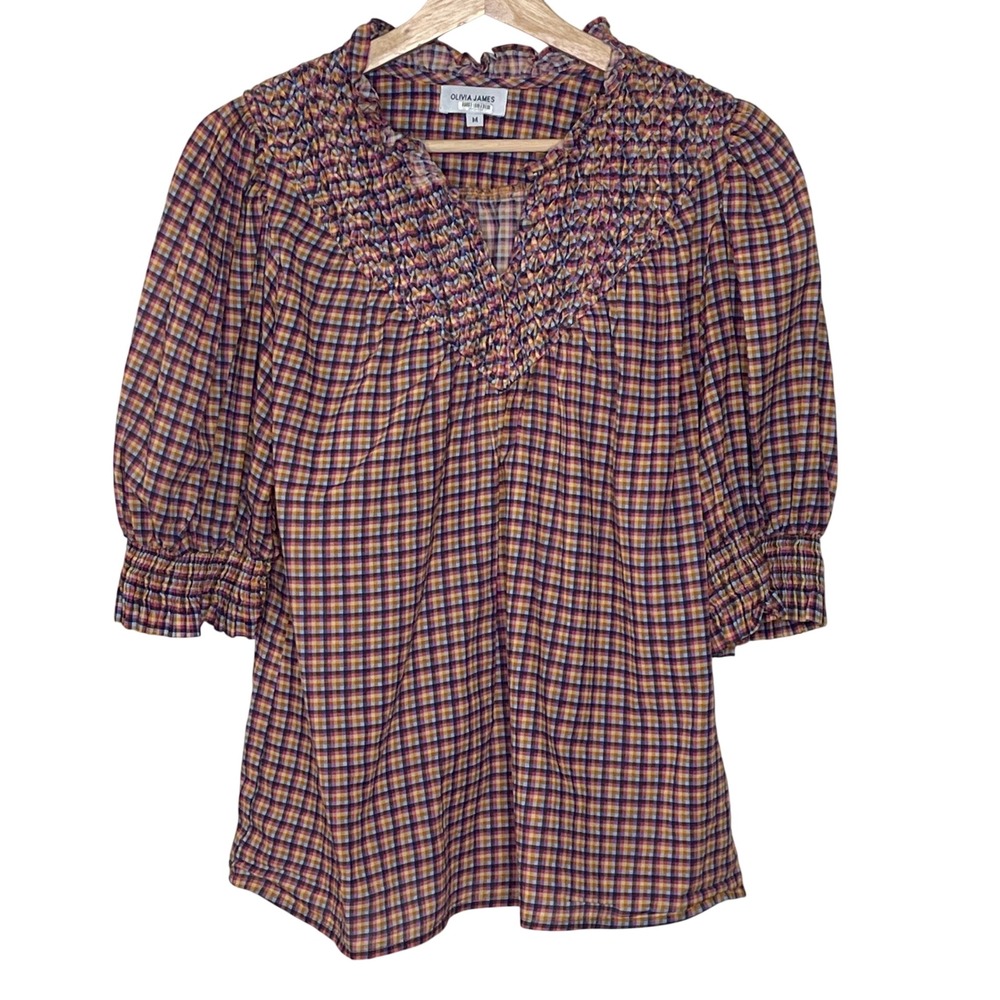Olivia James Smocked V-Neck Plaid Blouse Multi-Color Cotton 3/4 Sleeve Medium